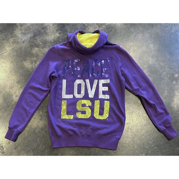 Women's LSU Tigers Sequin Peace Love LSU Hoodie Sweatshirt Size Med. Purple/Gold - Picture 2 of 13